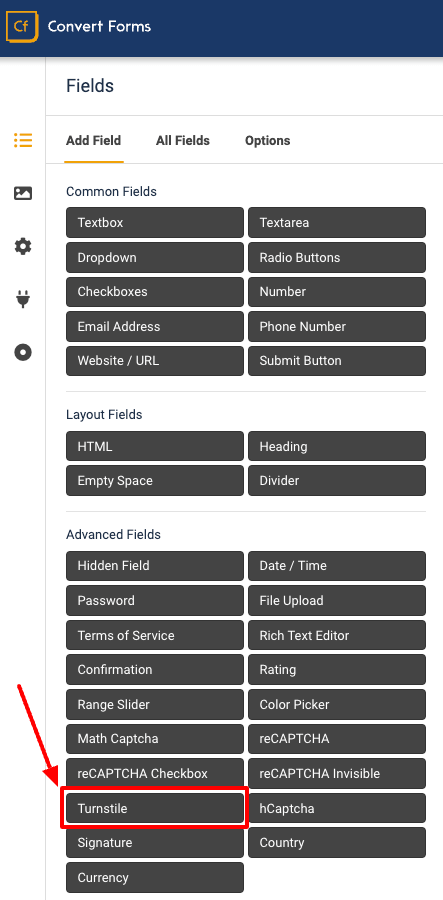 convert forms select turnstile field