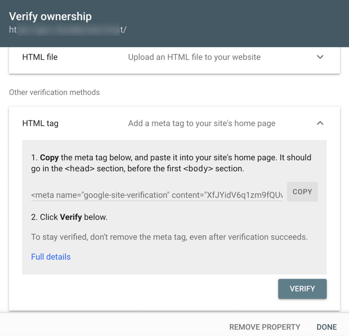 Copy HTML tag from Google Search Console to verify your Joomla site