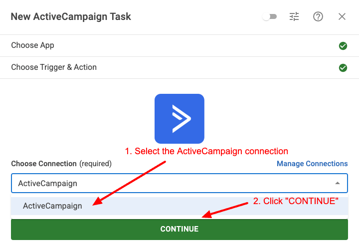 cf tasks activecampaign connection select