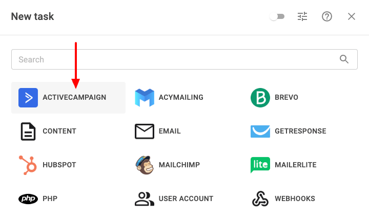 Select ActiveCampaign Task
