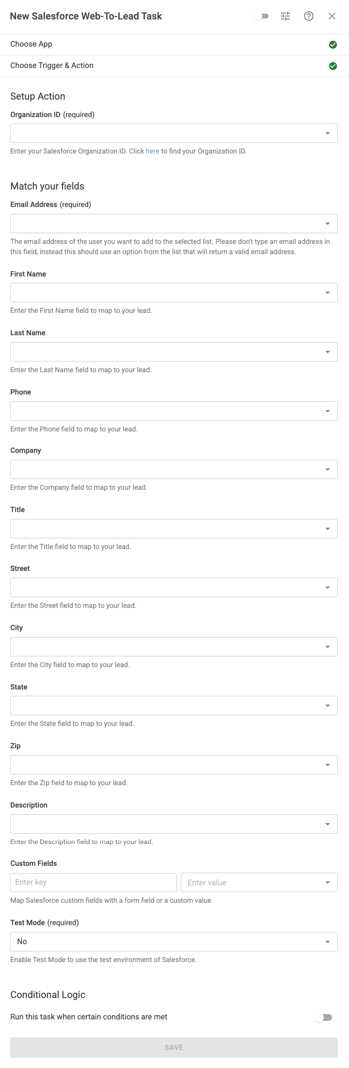 Populate the Salesforce Web-To-Lead task settings