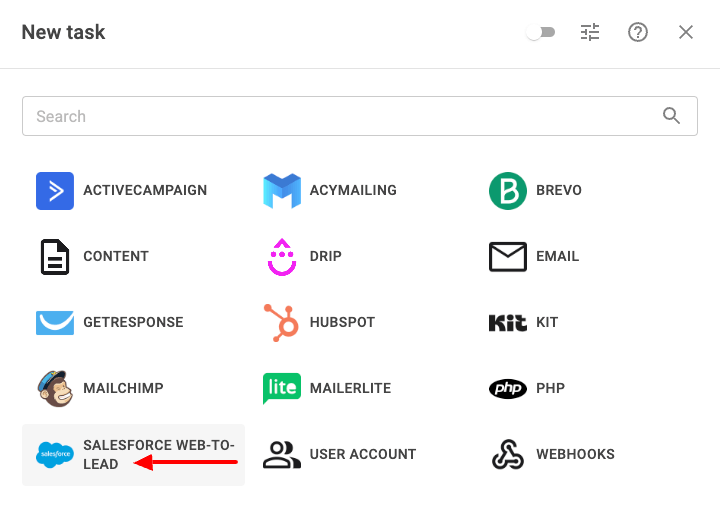 Select the Salesforce Web-To-Lead task