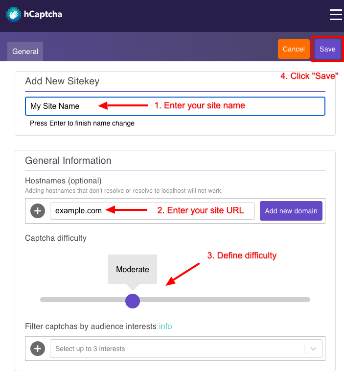 convert forms hcaptcha register new site save