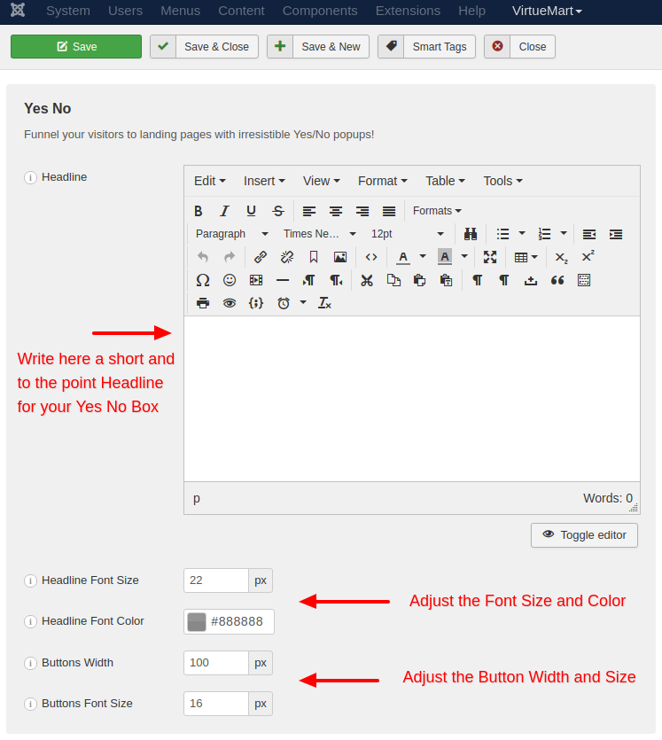 the yes no box text settings