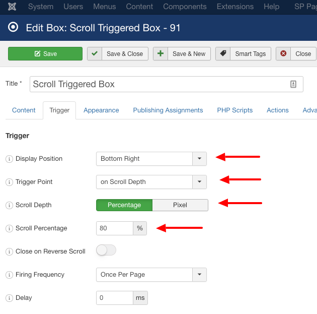 EngageBox Scroll Trigered Box Trigger Settings