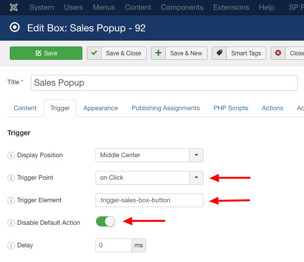 engagebox trigger options onclick