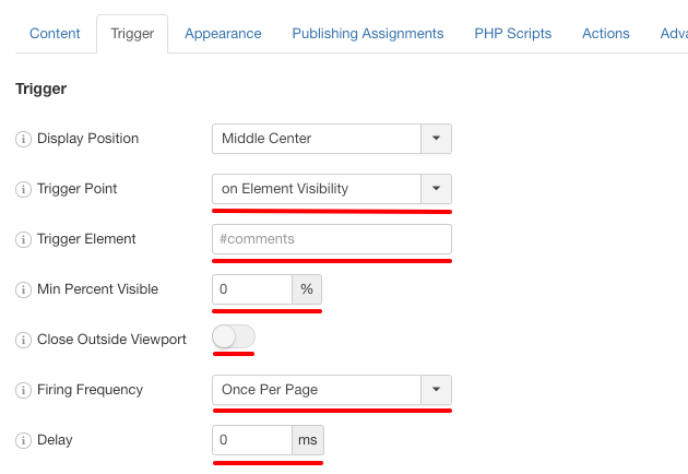 engagebox trigger on element visibility settings