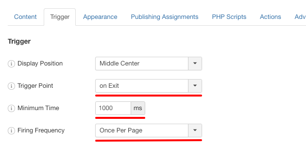 engagebox trigger on exit settings