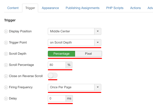 engagebox trigger on scroll depth settings