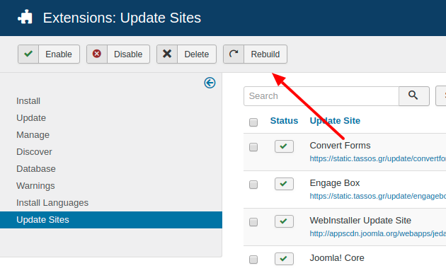 joomla update sites rebuild