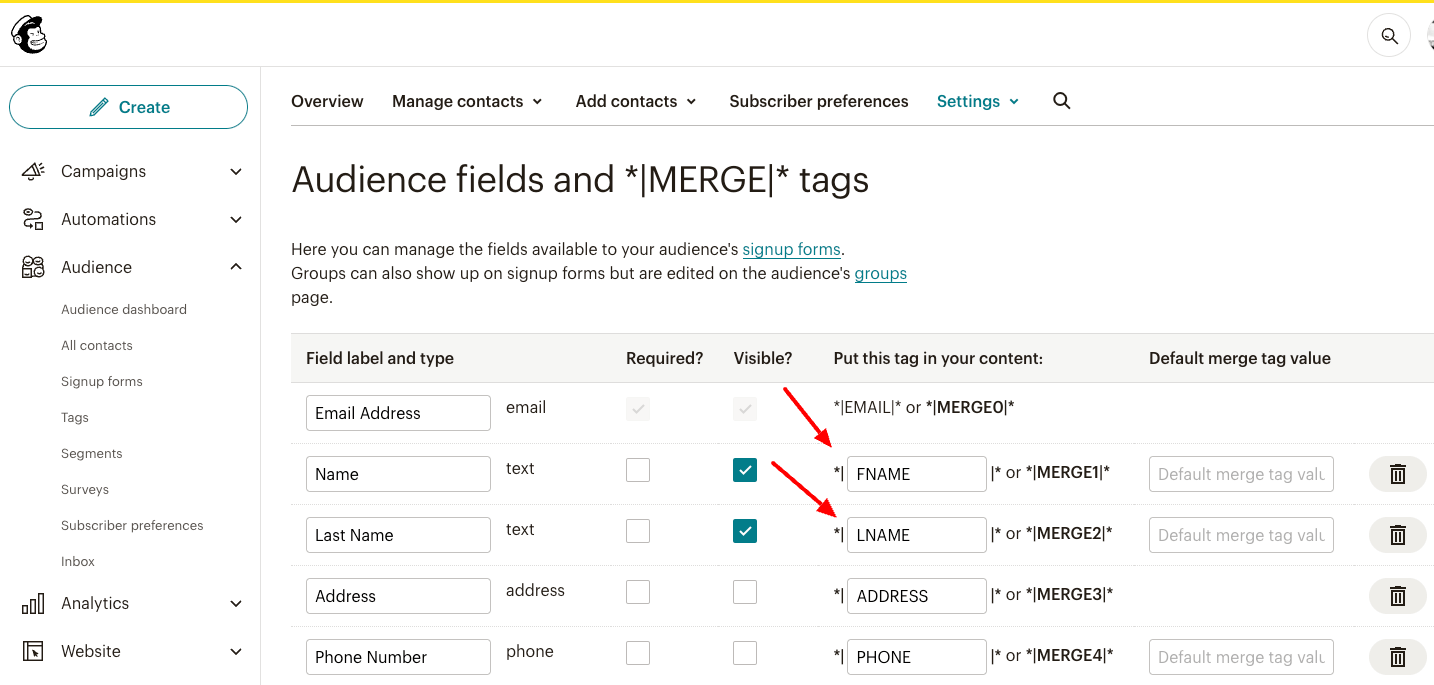 mailchimp merge tags